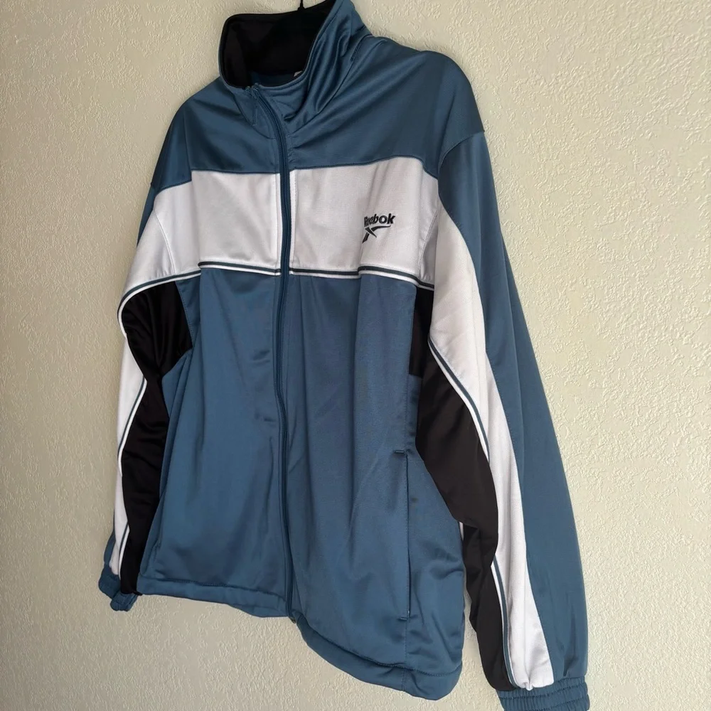 Vintage Reebok Jacket Mens Large White Blue Black Full Zip Pockets Track 90s